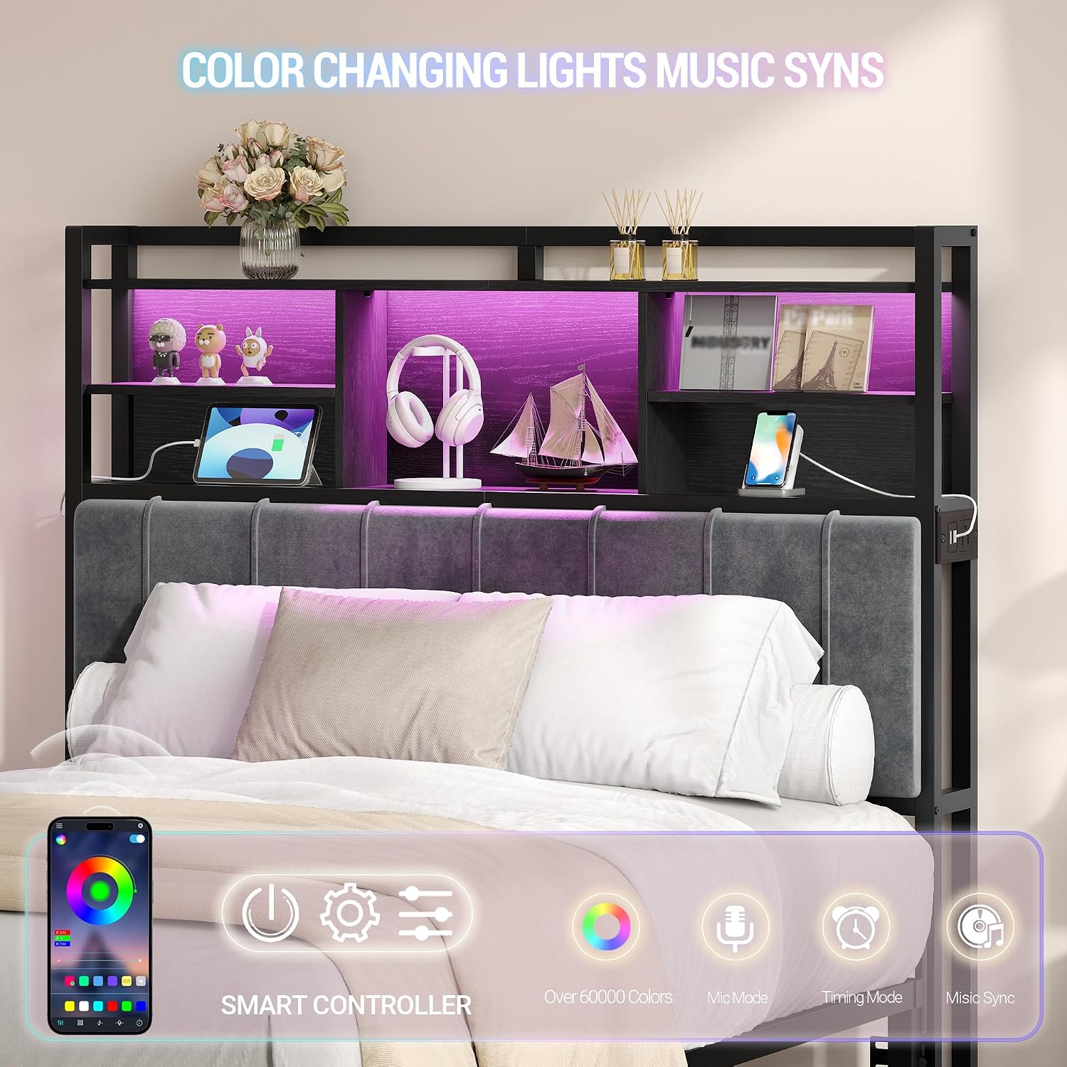 Hzuaneri Headboard with 3-Tier Storage Shelves, Velvet Upholstered Head Board with 2 Outlets, USB Ports & LED Light, Soft Backrest for Full Size Bed, Black BH13804B