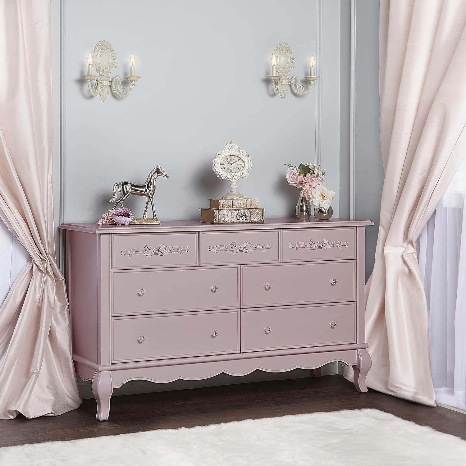 Evolur Aurora 7 Drawer Double Dresser, Dusty Rose