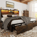 Belffin King Bed Frame with 6 Storage Drawers and Carving Headboard, Wooden Bed Frame with Charging Station and LED Lights, No Noise and Easy Assembly, No Box Spring Needed, Vintage Brown