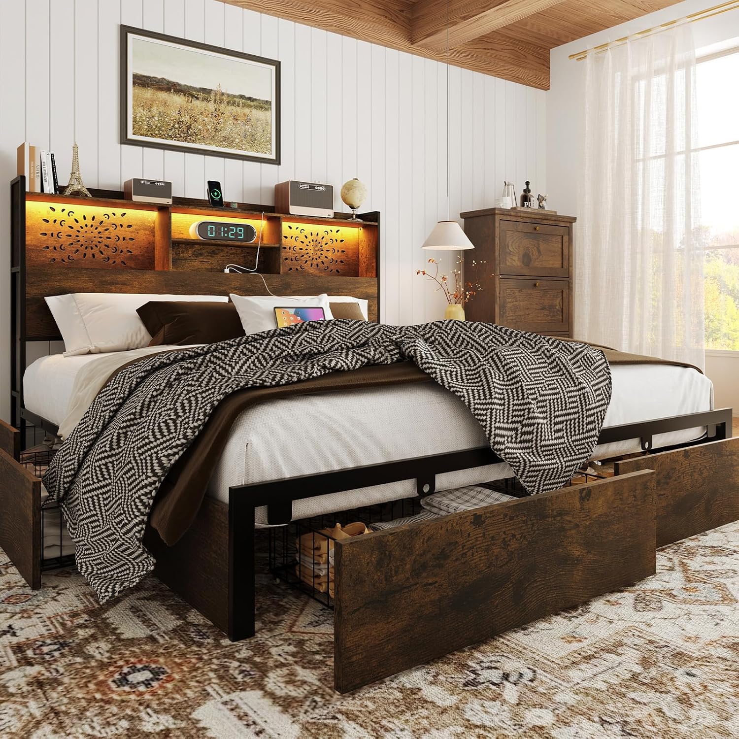 Belffin King Bed Frame with 6 Storage Drawers and Carving Headboard, Wooden Bed Frame with Charging Station and LED Lights, No Noise and Easy Assembly, No Box Spring Needed, Vintage Brown
