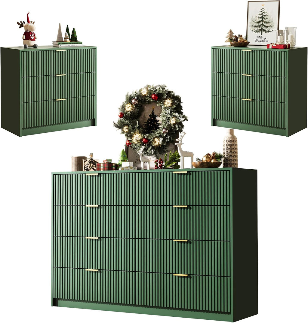 MAISONARIA 3-Piece Dresser Bedroom Set, 8 Drawer Dresser & 3 Drawer Nightstands with Gold Handles, Fluted Wood Chest of Drawers for Bedroom, Living Room, Entryway, Green