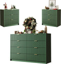 MAISONARIA 3-Piece Dresser Bedroom Set, 8 Drawer Dresser & 3 Drawer Nightstands with Gold Handles, Fluted Wood Chest of Drawers for Bedroom, Living Room, Entryway, Green