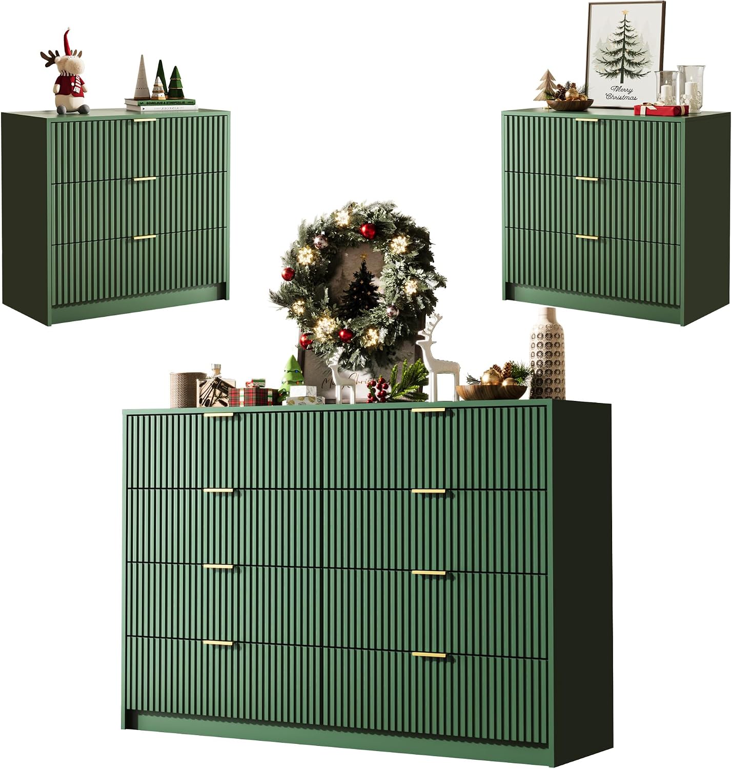 MAISONARIA 3-Piece Dresser Bedroom Set, 8 Drawer Dresser & 3 Drawer Nightstands with Gold Handles, Fluted Wood Chest of Drawers for Bedroom, Living Room, Entryway, Green