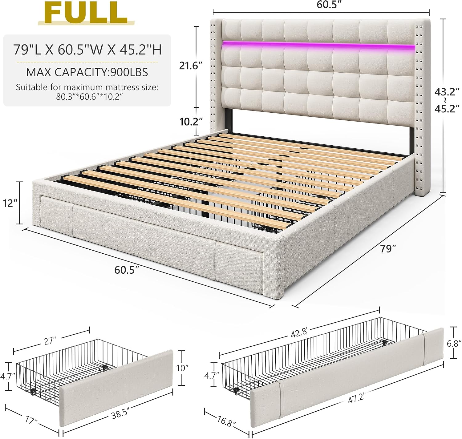 EnHomee Full Bed Frame with Adjustable Headboard &3 Storage Drawers,Upholstered Bed Frame Full Size with LED Light,No Box Spring Needed,Noise Free,Easy Assembly,Beige