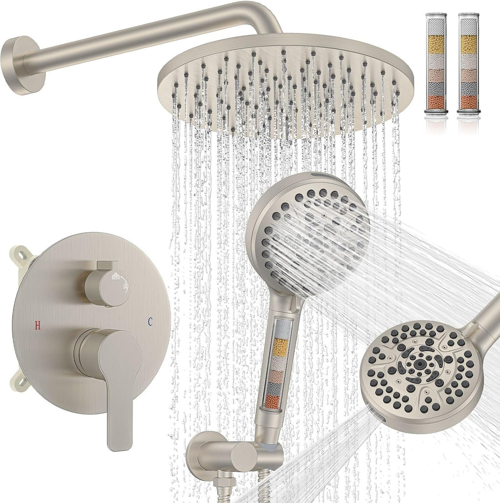 Iriber Brushed Nickel Round Rain Shower System Faucet Set，Bathroom Filtered Shower Head with Handheld, 9 Spray Mode Showerhead with Filters,Shower Valve Trim Kit Contain Cartridge,10 Inch