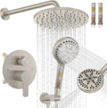 Iriber Brushed Nickel Round Rain Shower System Faucet Set，Bathroom Filtered Shower Head with Handheld, 9 Spray Mode Showerhead with Filters,Shower Valve Trim Kit Contain Cartridge,10 Inch