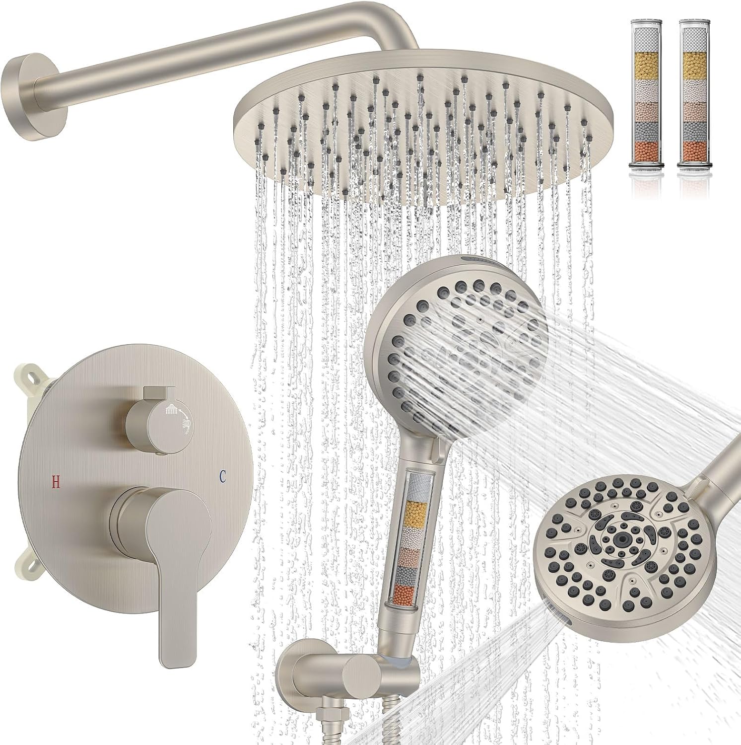 Iriber Brushed Nickel Round Rain Shower System Faucet Set，Bathroom Filtered Shower Head with Handheld, 9 Spray Mode Showerhead with Filters,Shower Valve Trim Kit Contain Cartridge,10 Inch