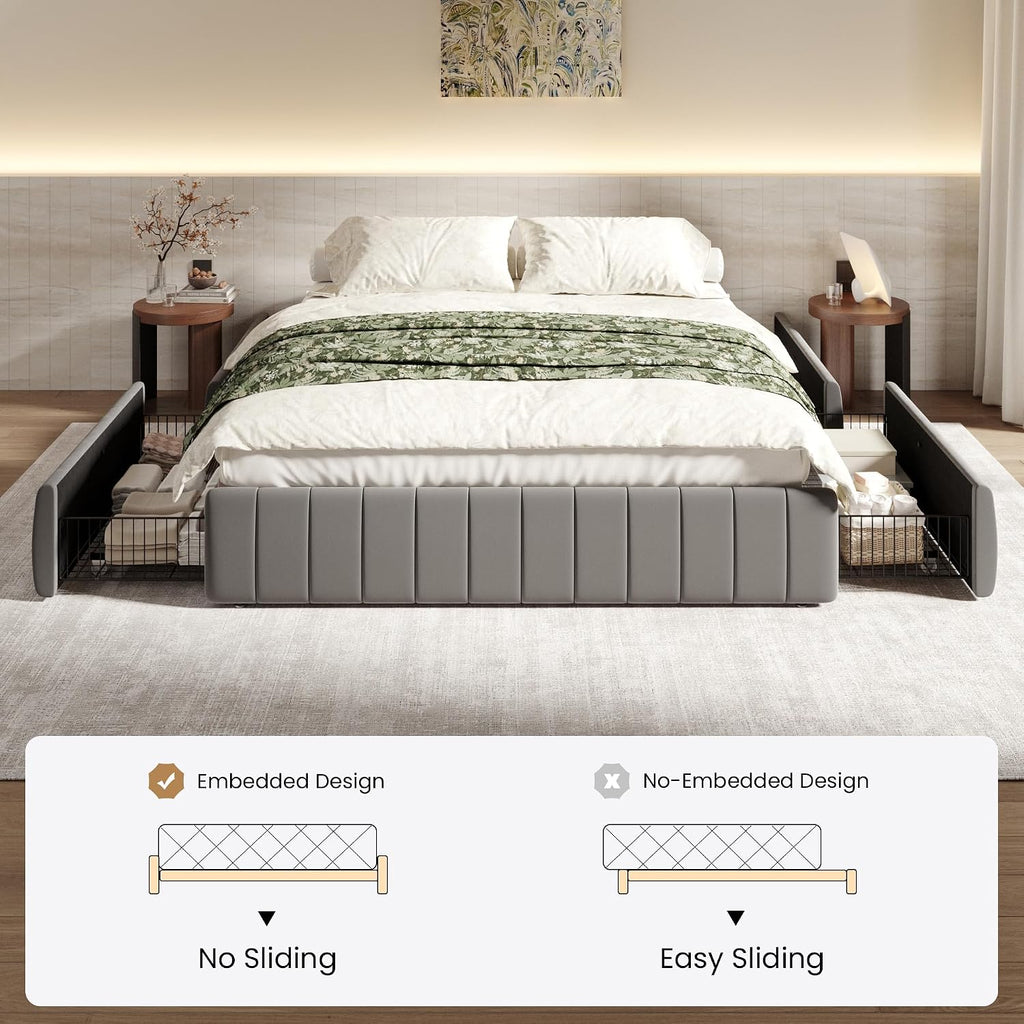 SHA CERLIN King Size Velvet Upholstered Platform Bed Frame with 4 Storage Drawers, Vertical Channel Tufted, Low Profile, Fits Standard Headboards, Wooden Slats Support, Easy Assembly, Grey