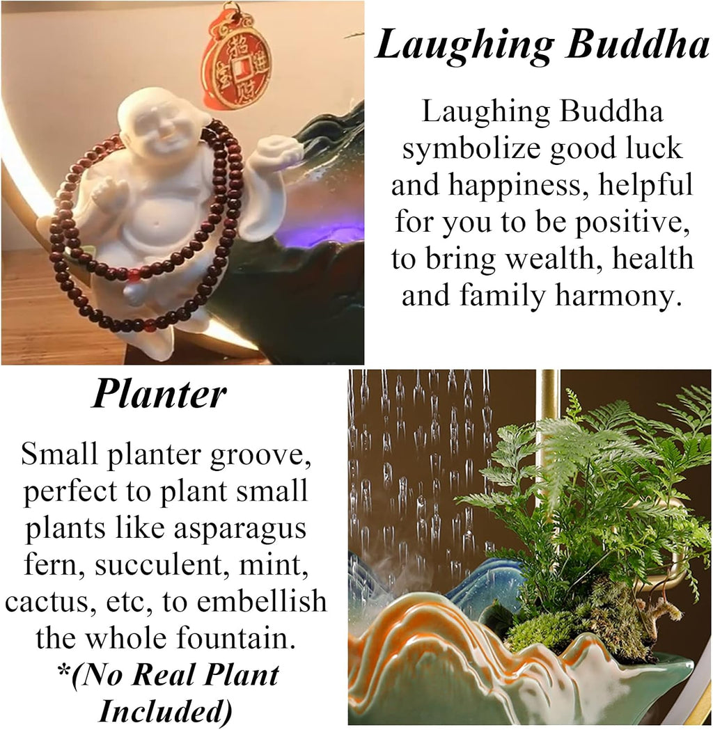 Tabletop Buddha Water Fountains Indoor Waterfall with LED Light Desktop Fountain for Meditation with Mist Japanese Fountain with Fake Plants Feng Shui Office Home Decor for Good Luck Wealth