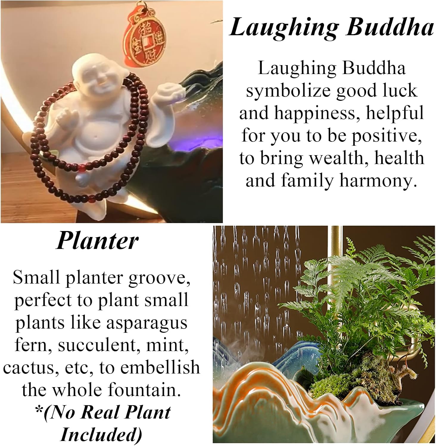 Tabletop Buddha Water Fountains Indoor Waterfall with LED Light Desktop Fountain for Meditation with Mist Japanese Fountain with Fake Plants Feng Shui Office Home Decor for Good Luck Wealth