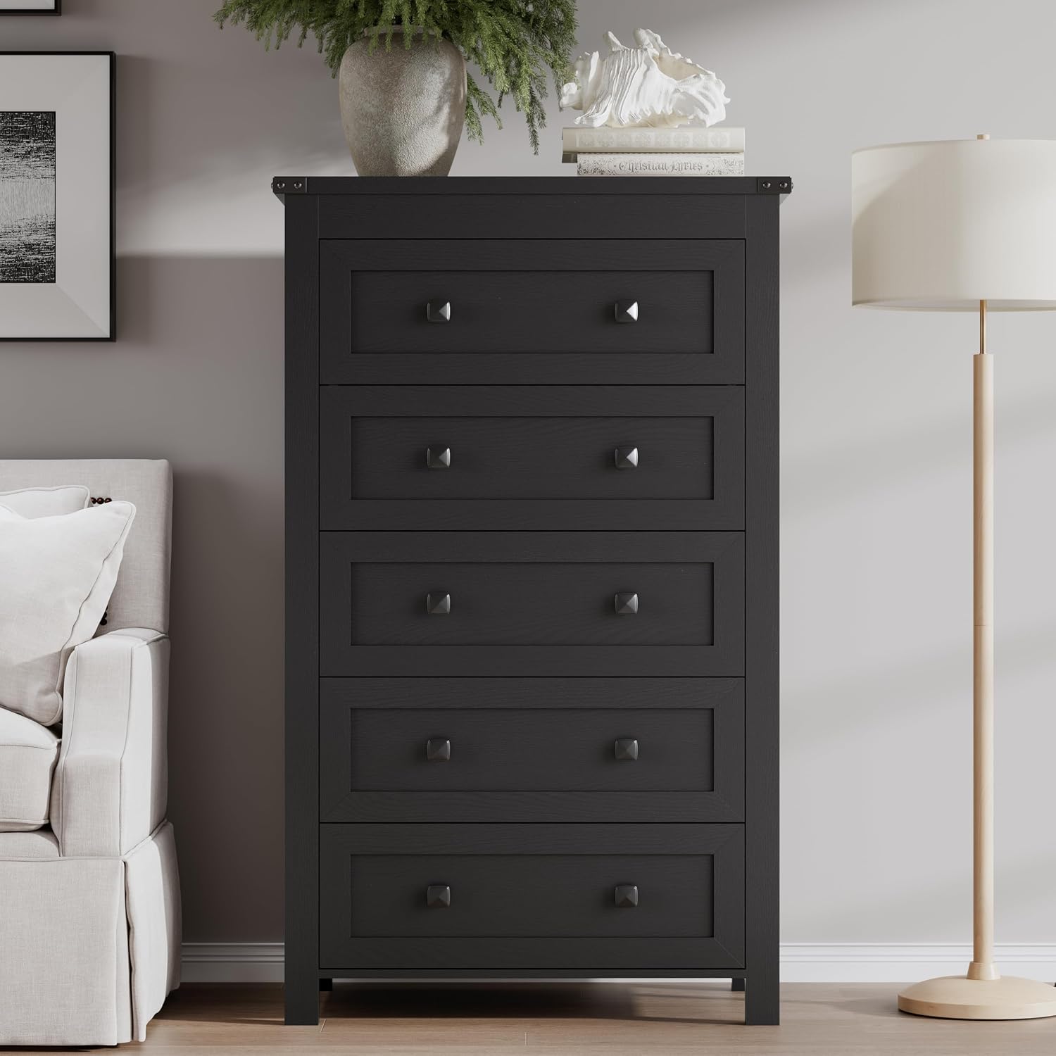 BORNOON Tall 5-Drawer Dresser, Modern Wooden Storage Chest of Drawers, Dresser TV Stand, Wood Drawer Organizer with Metal Handles for Bedroom, Living Room, Hallway