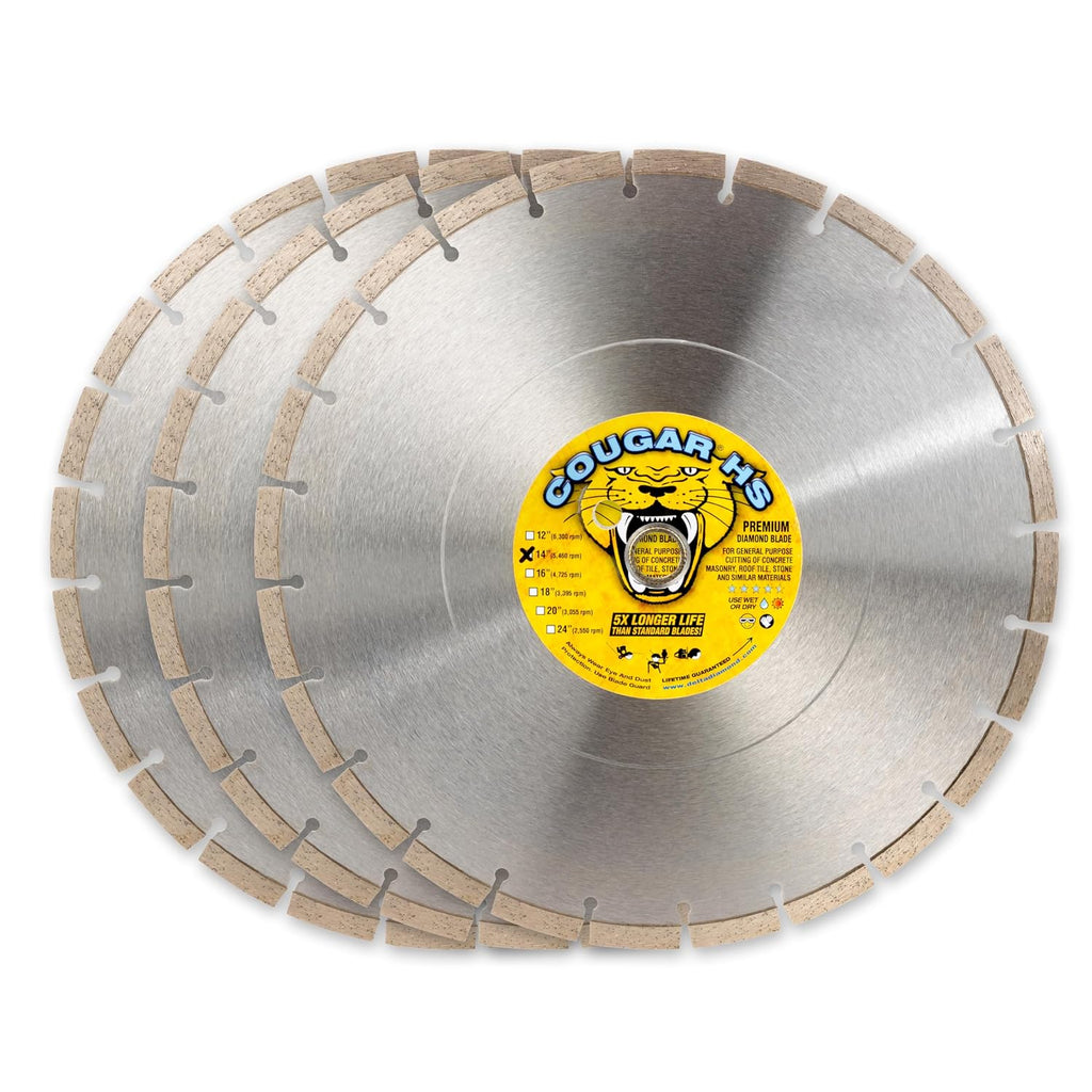 Cougar HS 14 Inch 3-Pack Diamond Concrete Saw Blade, Premium General Purpose Segmented Blade, Dry/Wet Cutting Concrete, Masonry, Brick, & Block 1'-20mm Arbor (3 Pcs)