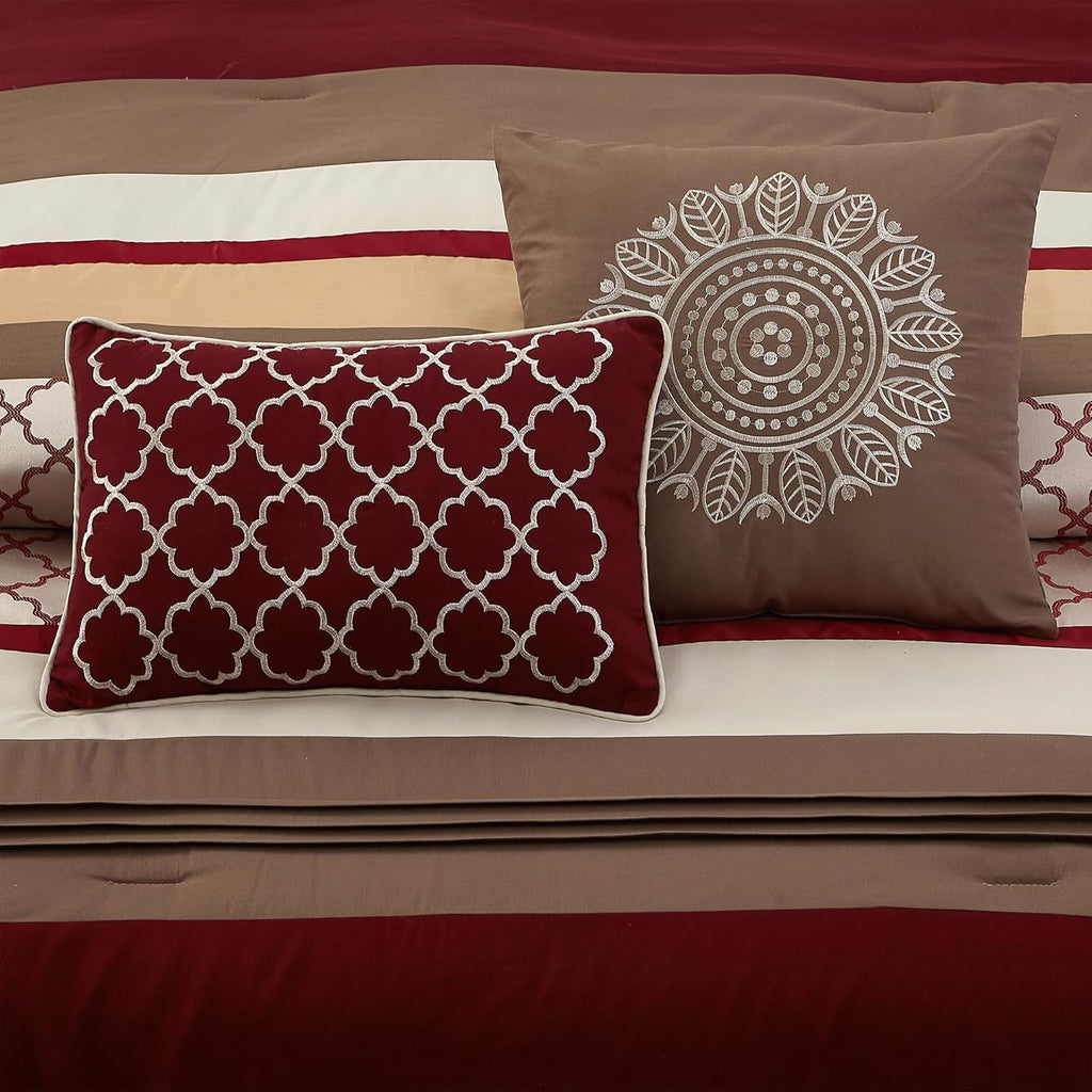 LANCO MODERN LIFESTYLE Queen Comforter Set, Berry Taupe Bedding Set, Jacquard Woven with Embroidery, 8 Pieces Bed in a Bag, Bed Skirt, Shams and Decorative Pillows