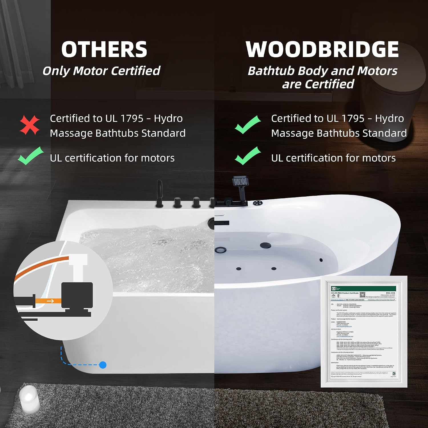 WOODBRIDGE 72' x 35-3/8' Whirlpool and Air Bath Heated Soaking Combination Tub with Adjustable Speed Air Blower, Tub Filler, and LED control panel, Matte Black Finish Trim and Drain Kit,BM-400+F0051