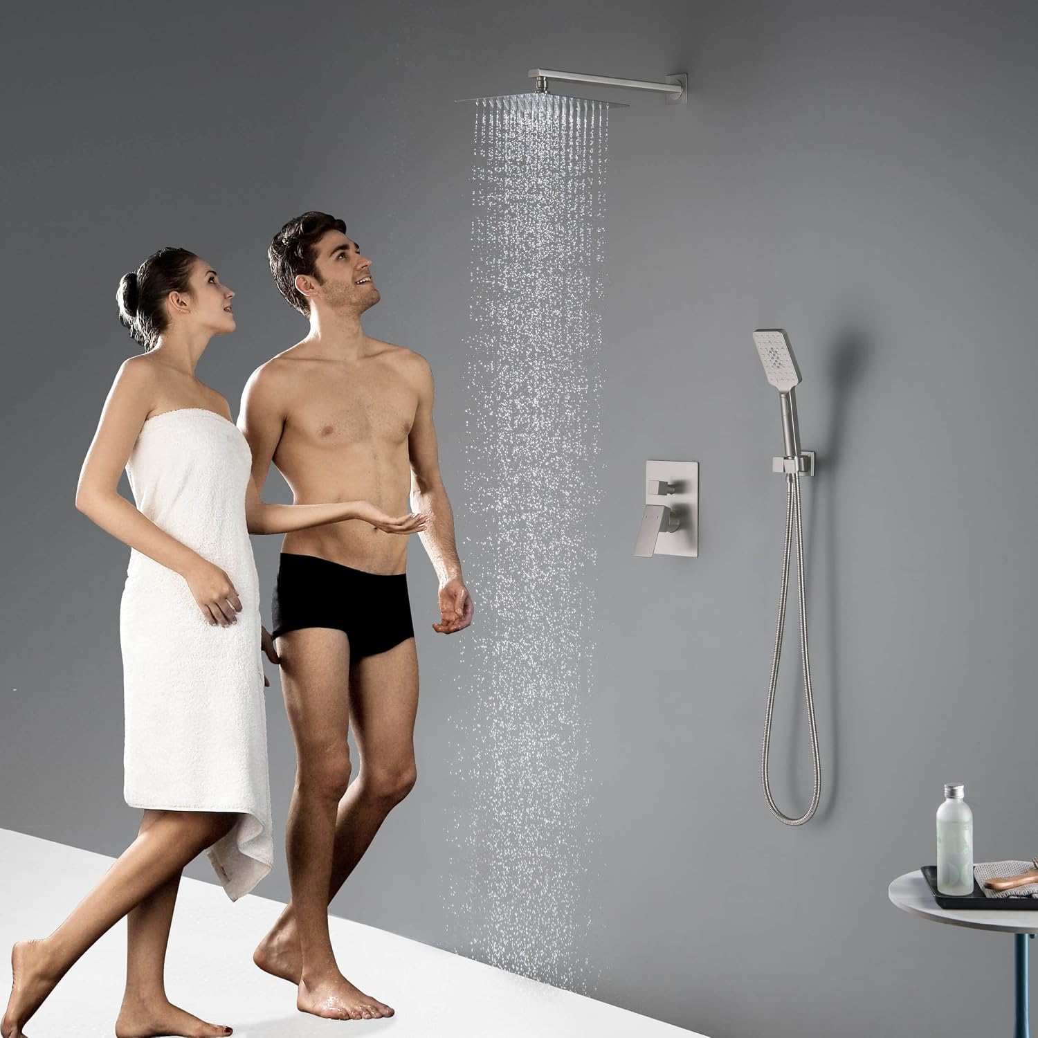 KIBI Cube Bathroom Shower System | 2-Function Wall Mounted Shower Faucet Set with Solid Brass Pressure Balanced Valve | Three Hand Shower Modes | 15-inch Long Shower Arm | Brushed Nickel (KSF405)