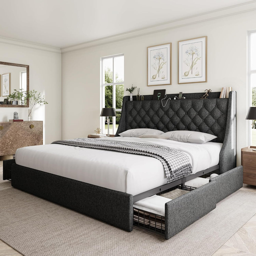 GalnFu King Size Bed Frame with 4 Storage Drawers, Giant Upholstered Wingback Headboard, Fast Charging Station, No Box Spring Needed, Noise-Free, Dark Gray