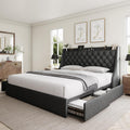 GalnFu King Size Bed Frame with 4 Storage Drawers, Giant Upholstered Wingback Headboard, Fast Charging Station, No Box Spring Needed, Noise-Free, Dark Gray