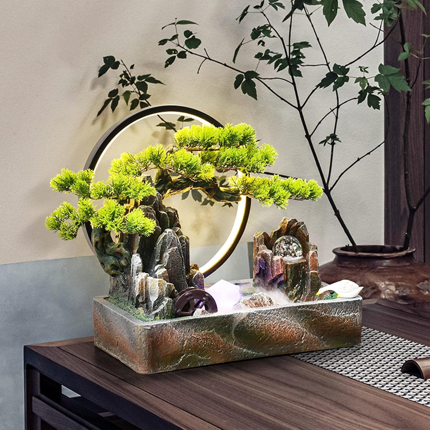 Tabletop Water Fountain Indoor Resin Tabletop Water Fountain Waterfalls Fountains Artificial Bonsai Tree Decorative Tabletop Fountain with LED Light for Home and Office Indoor Spaces Decor Office Rela