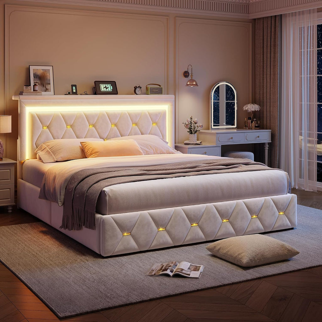 Homkdom Queen Bed Frame with 4 Storage Drawers & Adjustable Tall Headboard,Soft Velvet Bed Frame Queen Size with Smart LED Lights & Charging Station,1100LB-Heavy Duty Metal Support, Modern,Beige