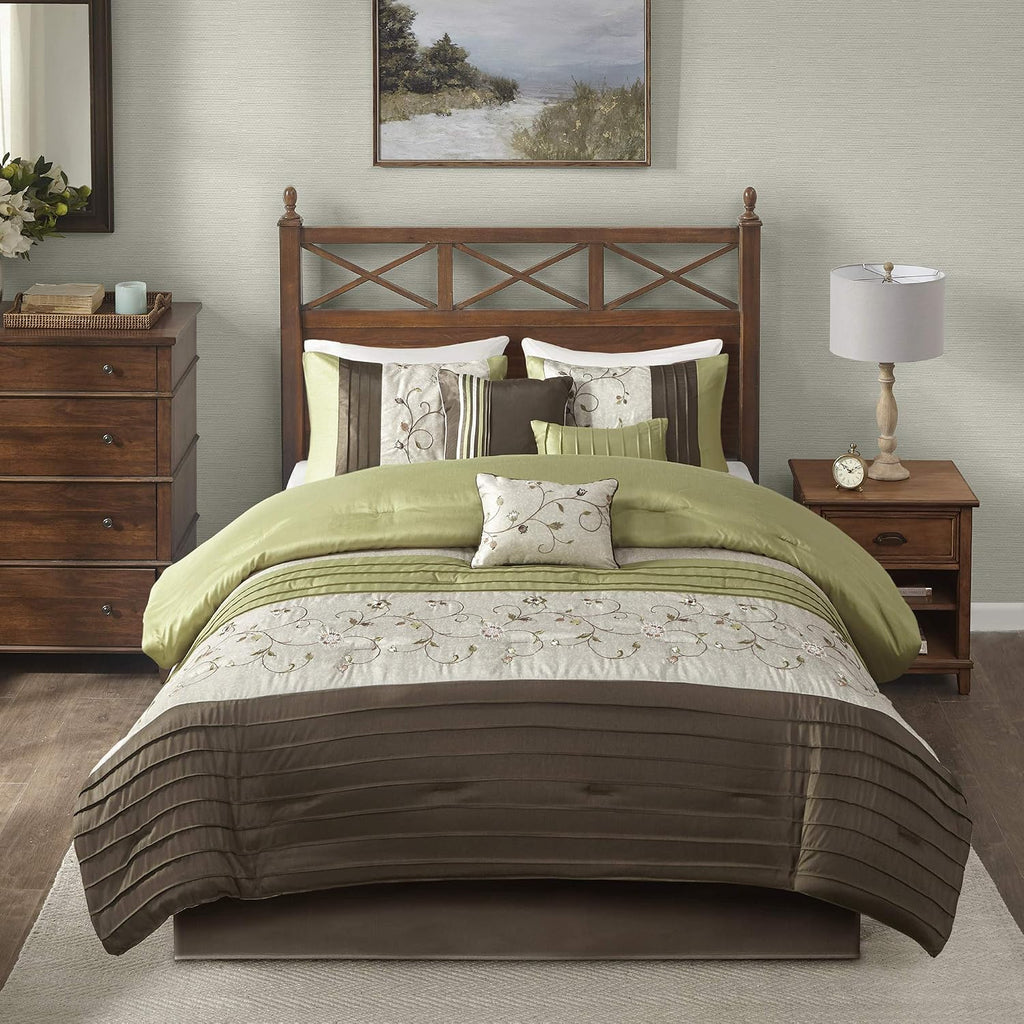 Madison Park Serene Faux Silk Comforter Set - Floral Embroidery Design, All Season Bedding Set, Matching Bed Skirt, Decorative Pillows, Green Queen(90'x90') 7 Piece