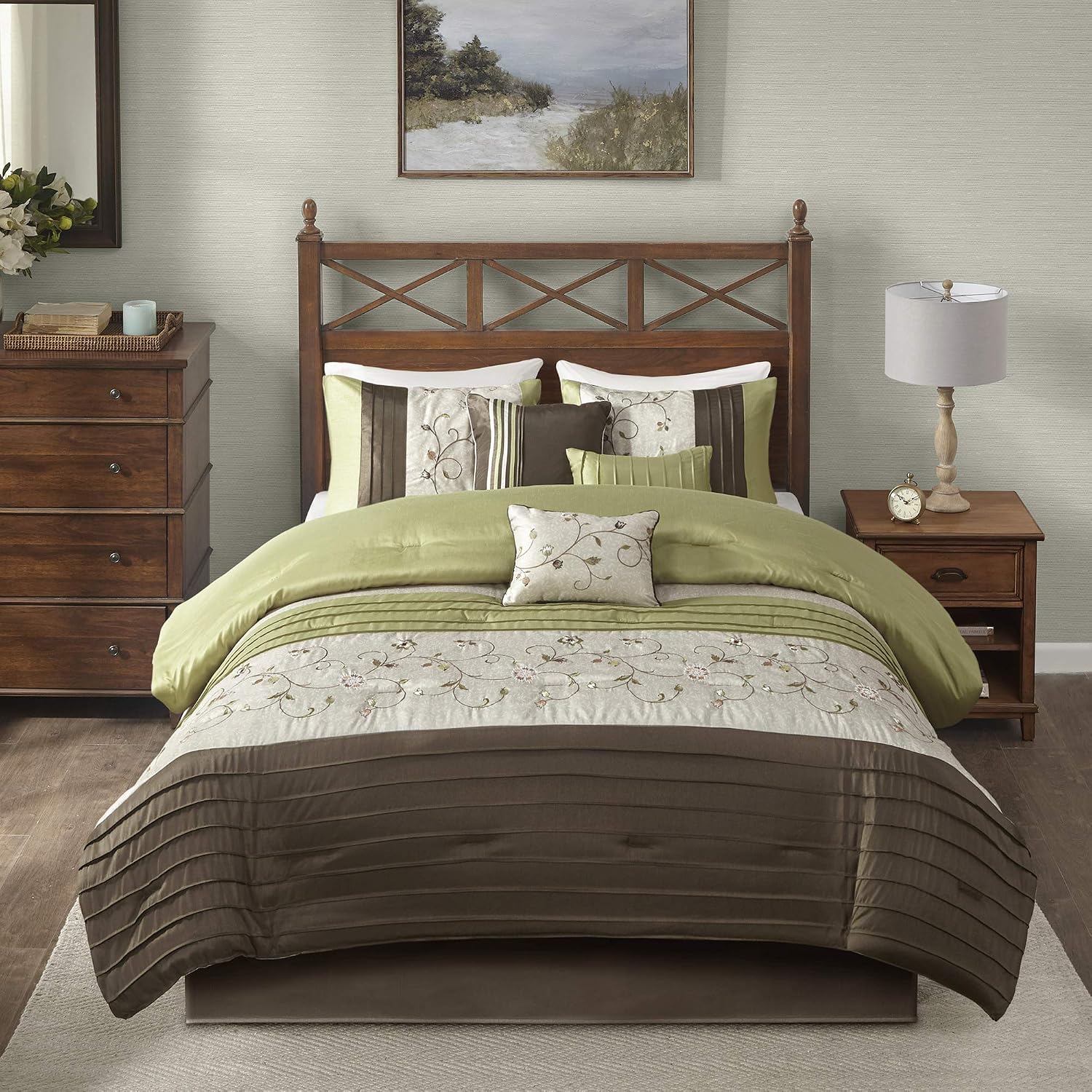 Madison Park Serene Faux Silk Comforter Set - Floral Embroidery Design, All Season Bedding Set, Matching Bed Skirt, Decorative Pillows, Green Queen(90'x90') 7 Piece