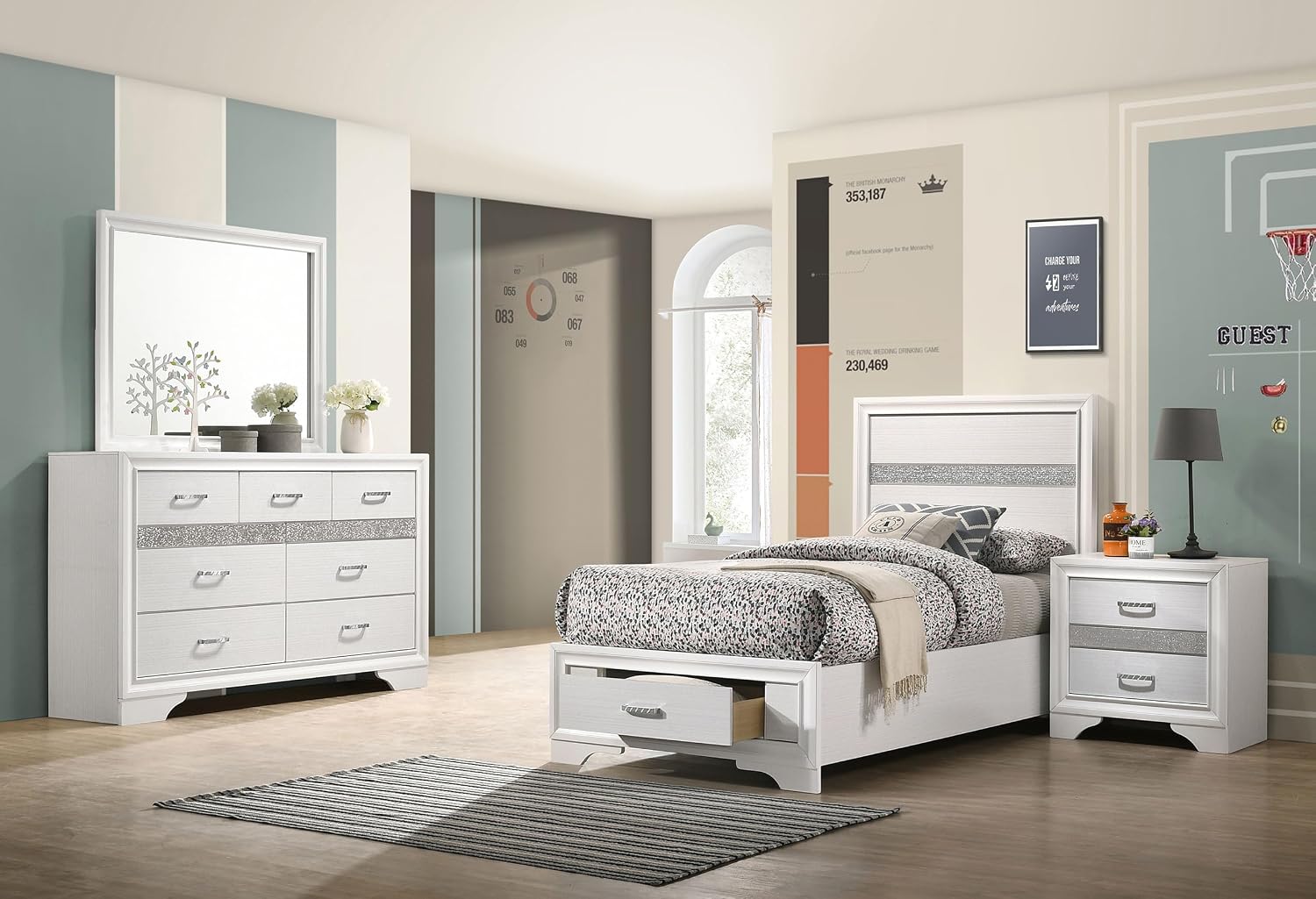 Coaster Home Furnishings Miranda Contemporary 4-Piece Bedroom Set Twin Size Storage Panel Bed Frame 50-inch Headboard White 205111T-S4