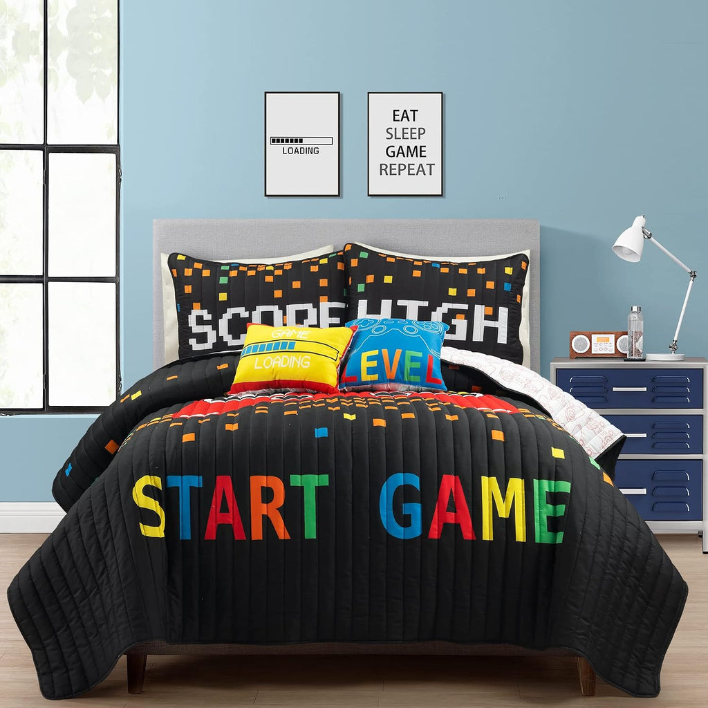 Lush Decor Video Games Reversible Quilt Queen Size 4 Piece Set Full/Queen Black & Red - Kids Bedding Set Queen Quilt - Kids Bedroom Decor