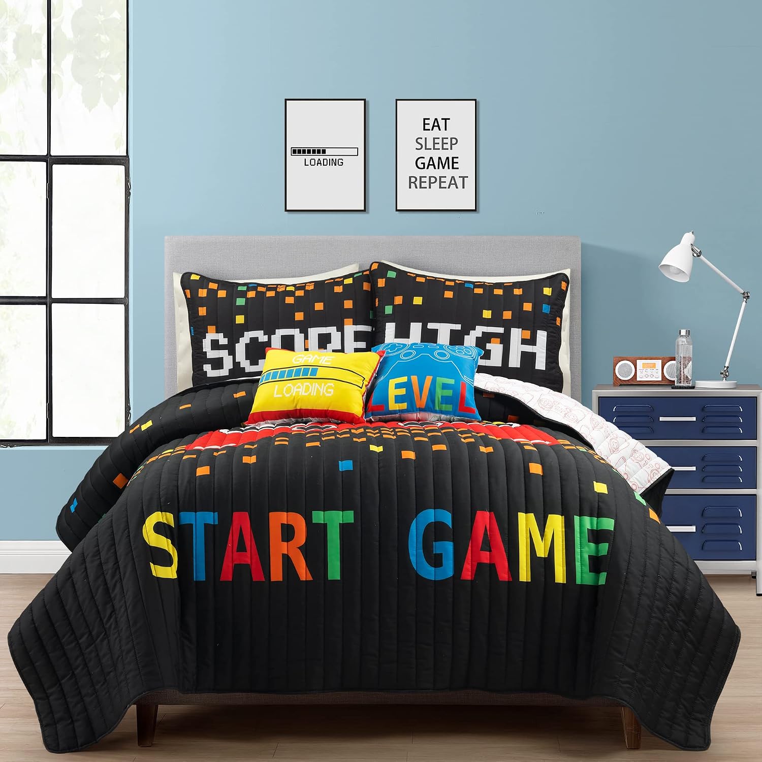 Lush Decor Video Games Reversible Quilt Queen Size 4 Piece Set Full/Queen Black & Red - Kids Bedding Set Queen Quilt - Kids Bedroom Decor