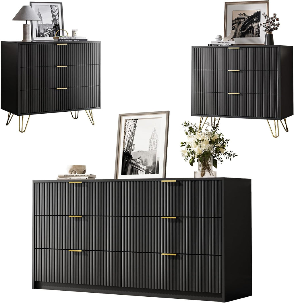 MAISONARIA 3-Piece Dresser Bedroom Set, 6 Drawer Dresser & 3 Drawer Nightstands with Gold Handles, Fluted Wood Chest of Drawers for Bedroom, Living Room, Entryway, Black