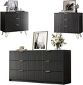 MAISONARIA 3-Piece Dresser Bedroom Set, 6 Drawer Dresser & 3 Drawer Nightstands with Gold Handles, Fluted Wood Chest of Drawers for Bedroom, Living Room, Entryway, Black