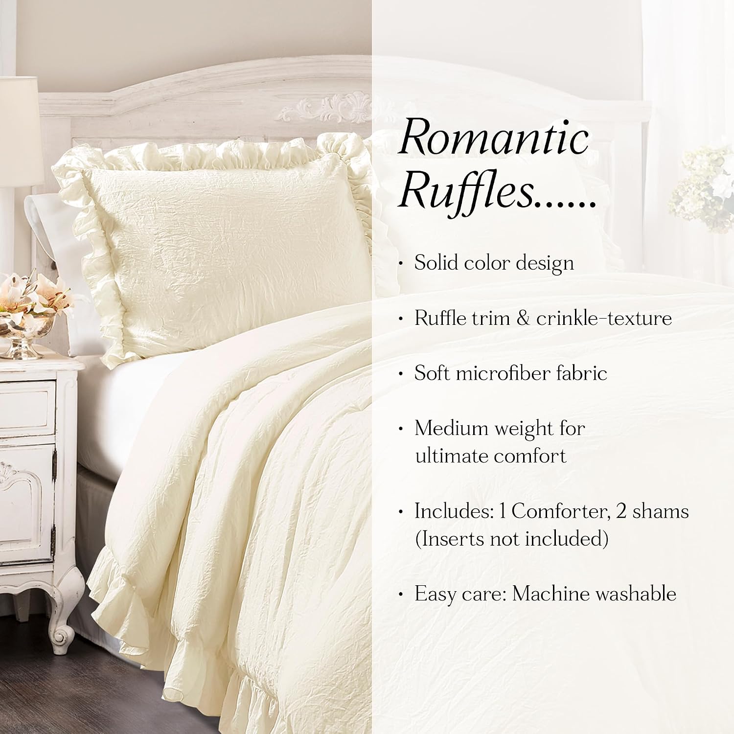 Lush Decor Reyna Ruffle Comforter Set - 3 Piece Cozy Ruffled Bedding Set - Timeless Elegance and Comfort for Dorm Room - Full/ Queen, Ivory