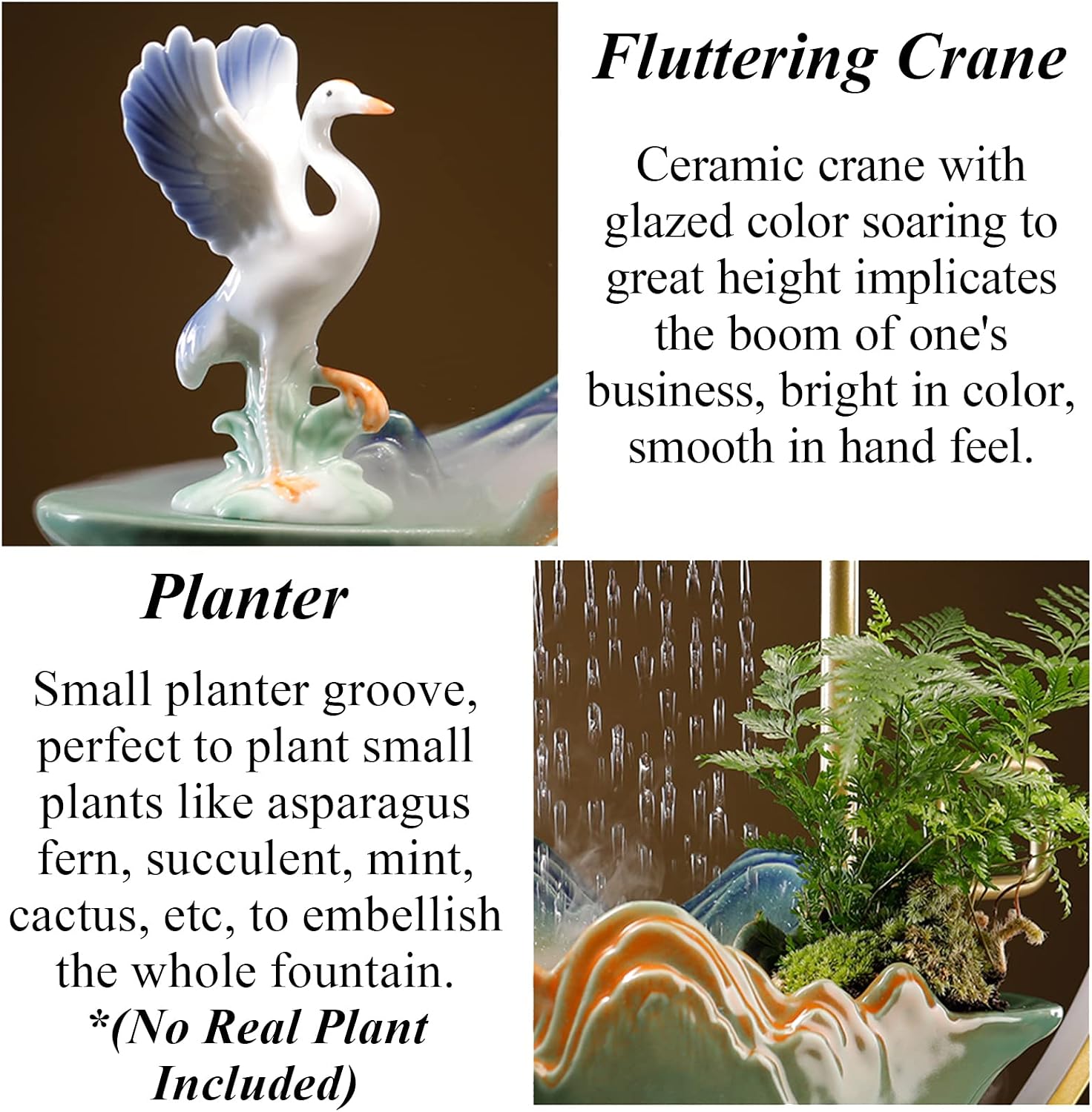 Crane Tabletop Water Fountains Indoor Waterfall with LED Light Desktop Fountain for Meditation with Mist Japanese Fountain with Fake Plants Feng Shui Office Home Decor for Good Luck Wealth