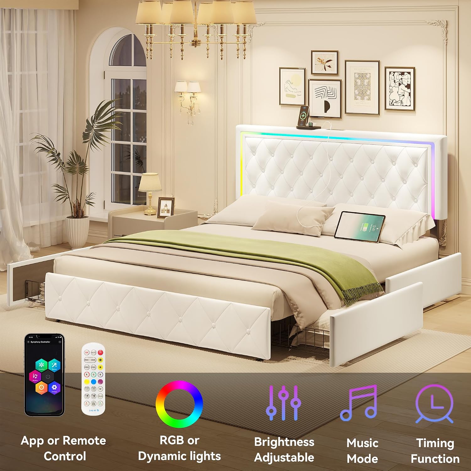 LED Full Bed Frame with 4 Storage Drawers and Adjustable Headboard, Modern Velvet Upholstered Platform Bed Frame Full Size with Charging Station, Wooden Slats Support, No Box Spring Needed, White