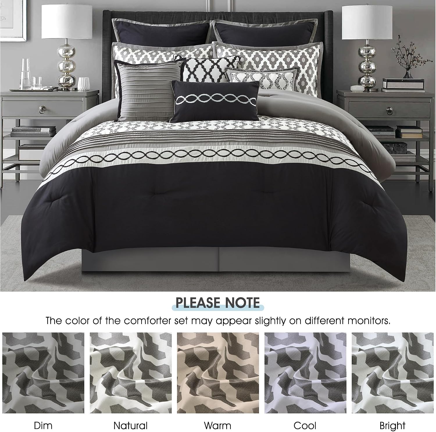 LANCO MODERN LIFESTYLE Queen Comforter Set, Black, 10 Piece Bed in a Bag for All Seasons, Luxury Extreme Comfort Bedding Sets with Bedskirt, Pillow Shams, Euro Shams and Decor Pillows