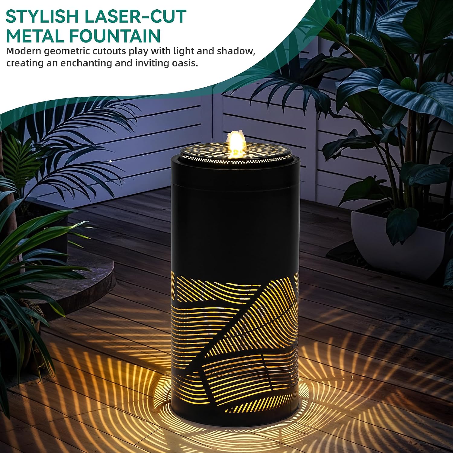 23.75 Inch Modern Outdoor Water Fountain with LED Lights, Black Geometric Bird Bath Garden Fountain for Patio, Yard, Porch Decor, Soothing Waterfall for Relaxing Ambiance, 23.75' H-Jet Black
