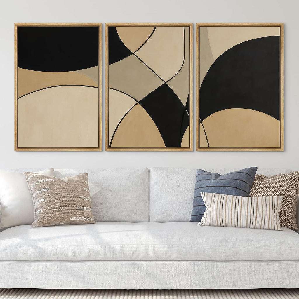 SIGNLEADER Framed Canvas Print Wall Art Set Modern Black Beige Geometric Arc Abstract Illustrations Modern Art Boho Decorative for Living Room, Bedroom, Office - 16'x24'x3 NATURAL