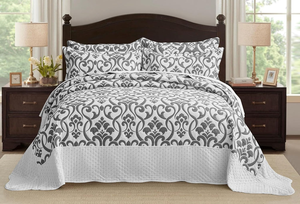 Chezmoi Collection Oversized Bedspread 128x120, Jacquard Matelasse Floral Damask Design, 5-Piece Lightweight Reversible Microfiber Coverlet Set Textured Dot Border, Super King, Dark Gray/White