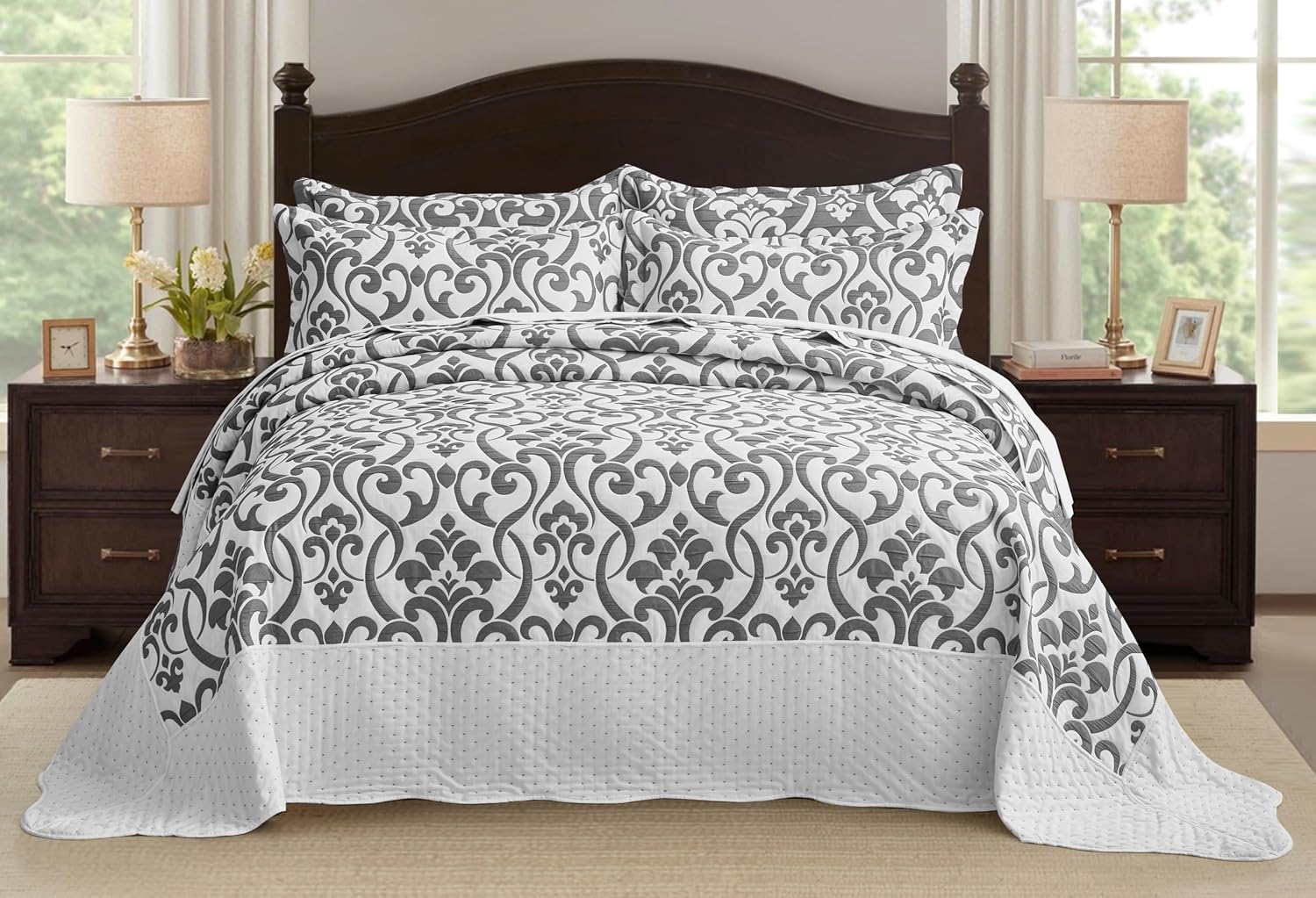 Chezmoi Collection Oversized Bedspread 128x120, Jacquard Matelasse Floral Damask Design, 5-Piece Lightweight Reversible Microfiber Coverlet Set Textured Dot Border, Super King, Dark Gray/White