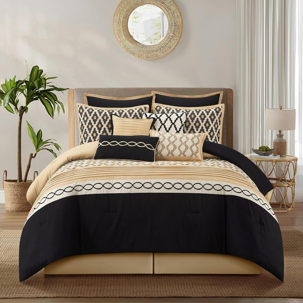 Grand Avenue Black Gold Queen Comforter Set, 10 Piece, Jacquard Bedding Comforters & Sets, Matching Bedskirt, Pillows & Shams, Ultra-Soft