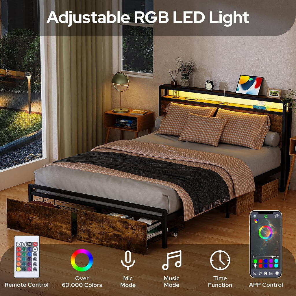 Zevemomo Queen Bed Frame with Storage Drawers, Bed Frame Queen Size with Headboard, LED Light, Charging Station with 3 USB Ports & 1 Type-C Port, No Noise, Rustic Brown