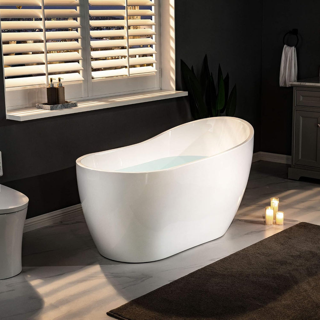 WOODBRIDGE 54' Acrylic Freestanding Bathtub Contemporary Soaking White Tub with Chrome Overflow and Drain，BTA1507 -C-Drain &O