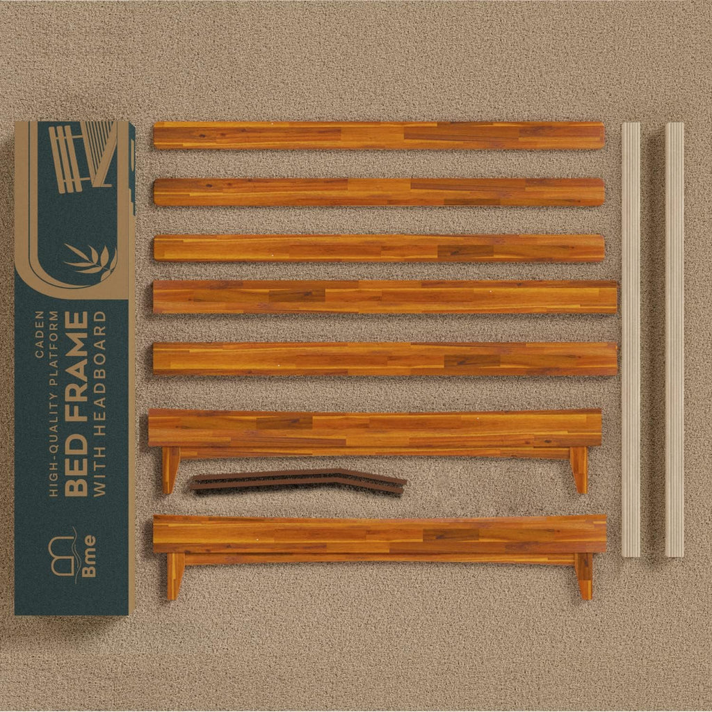 Bme Caden 15 Inch Bed Frame with Adjustable Headboard - Mid Century, Retro Style with Acacia Wood - No Box Spring Needed - 12 Strong Wood Slat Support - Easy Assembly - Caramel, Twin