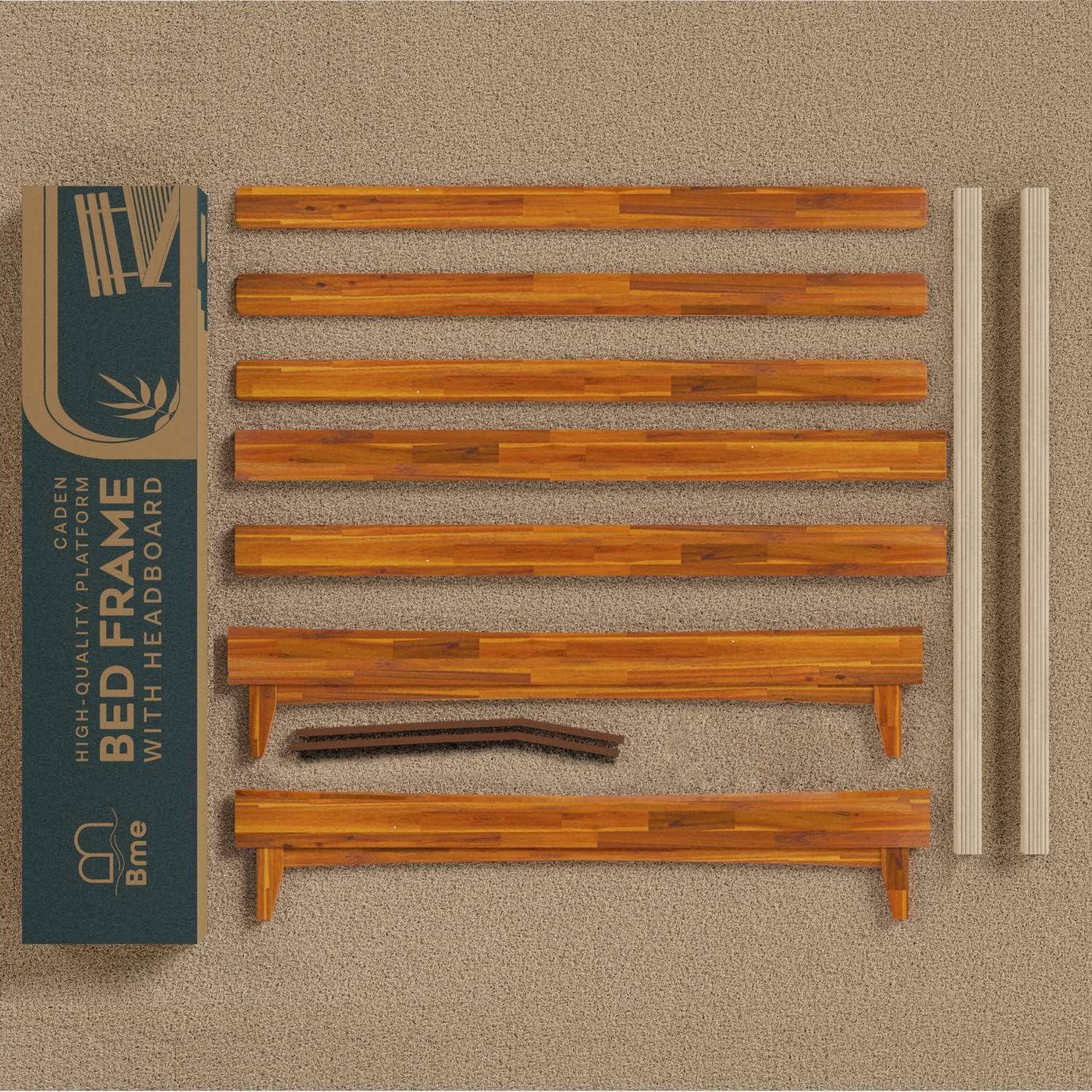 Bme Caden 15 Inch Bed Frame with Adjustable Headboard - Mid Century, Retro Style with Acacia Wood - No Box Spring Needed - 12 Strong Wood Slat Support - Easy Assembly - Caramel, Twin