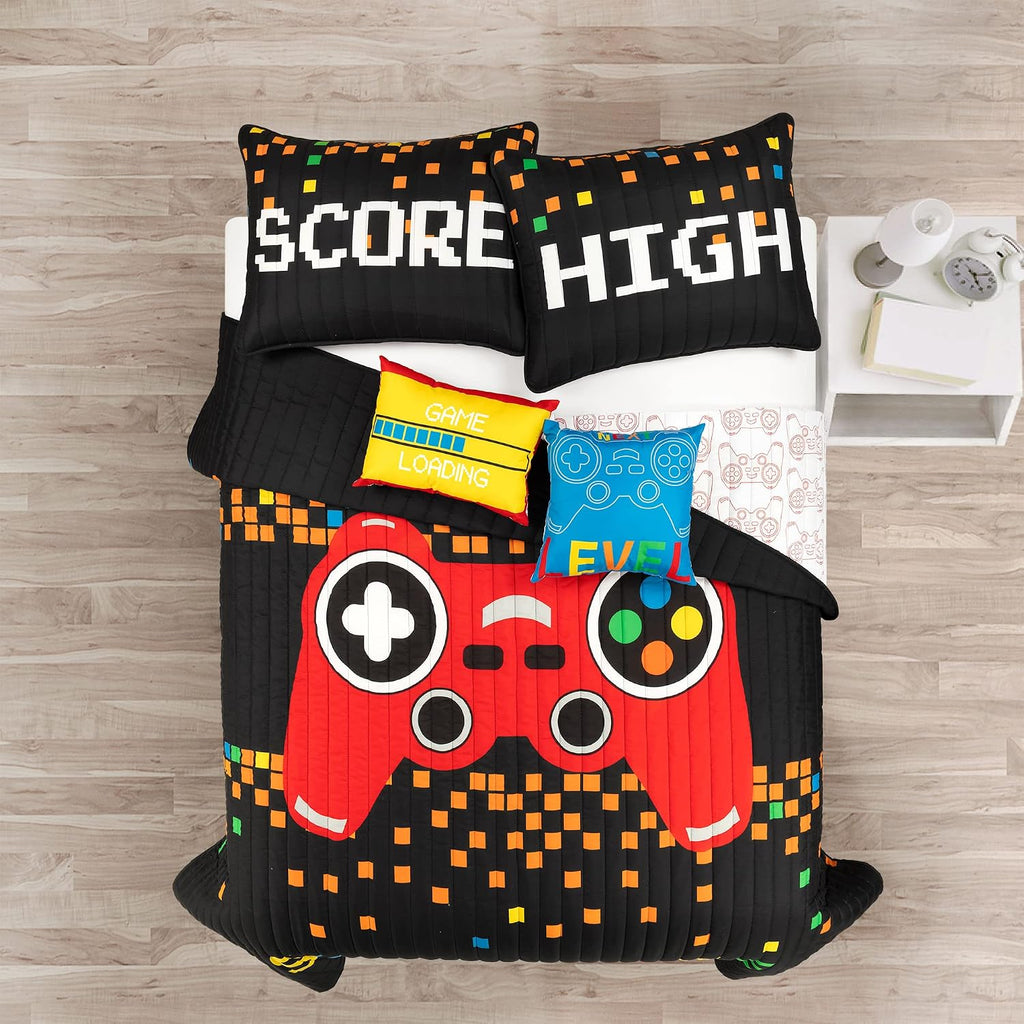 Lush Decor Video Games Reversible Quilt Queen Size 4 Piece Set Full/Queen Black & Red - Kids Bedding Set Queen Quilt - Kids Bedroom Decor