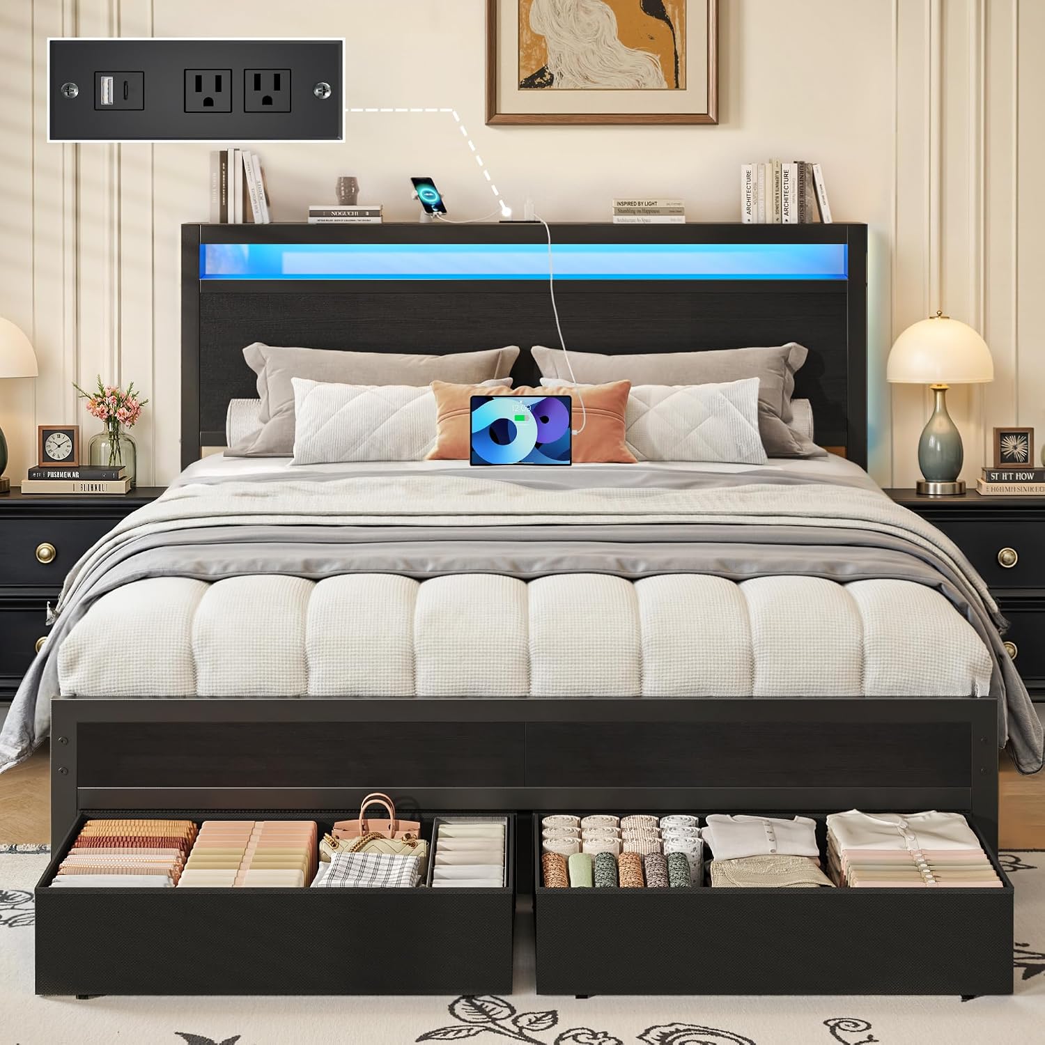 Fluest Queen Bed Frame,Queen Bed Frame with Storage Headboard & 2 Storage Drawer, Charging Station & LED Light, No Box Spring Needed, Noise Free, Easy Assembly, Classic Black