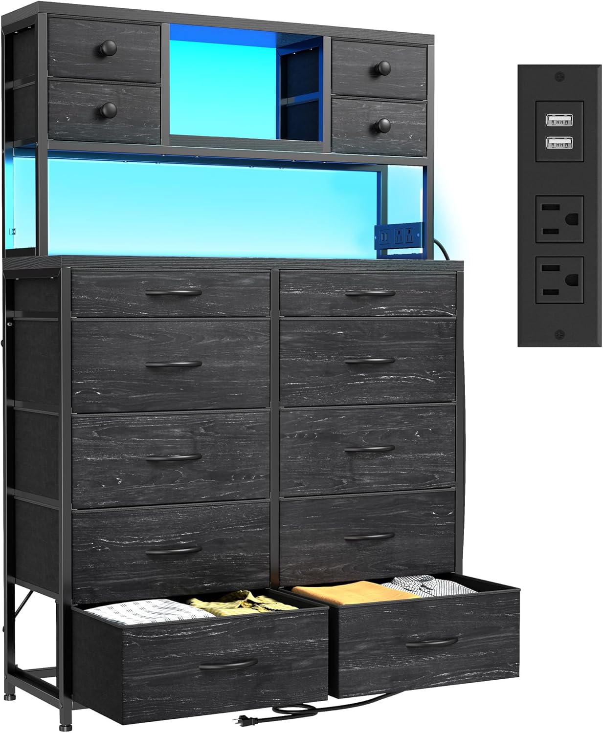 EnHomee Black Dresser with Multiple Fabric Drawers, Dresser for Bedroom with Charging Station and LED Lights,Dressers & Chests of Drawers for Bedroom, Steel Frame & Wooden Top, Entryway