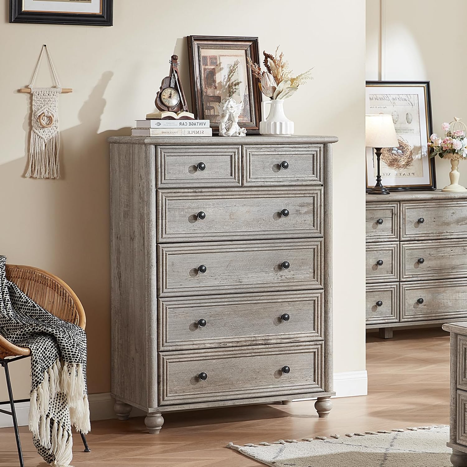 RWYHG Farmhouse 6 Drawer Dresser Set of 2, Chest of Drawers for Bedroom, 43.5' Tall Grey Dresser with Roman Column, Rustic Wood Storage Dressers Organizer for Living Room, Hallway, Closet