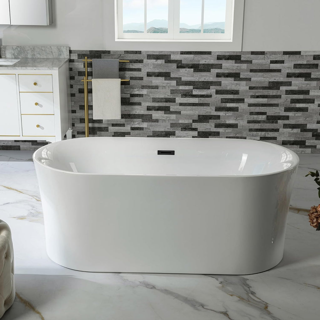 WOODBRIDGE 59' Acrylic Freestanding Bathtub Contemporary Soaking Tub with Matte Black Overflow and Drain,White Tub,B0058-MB
