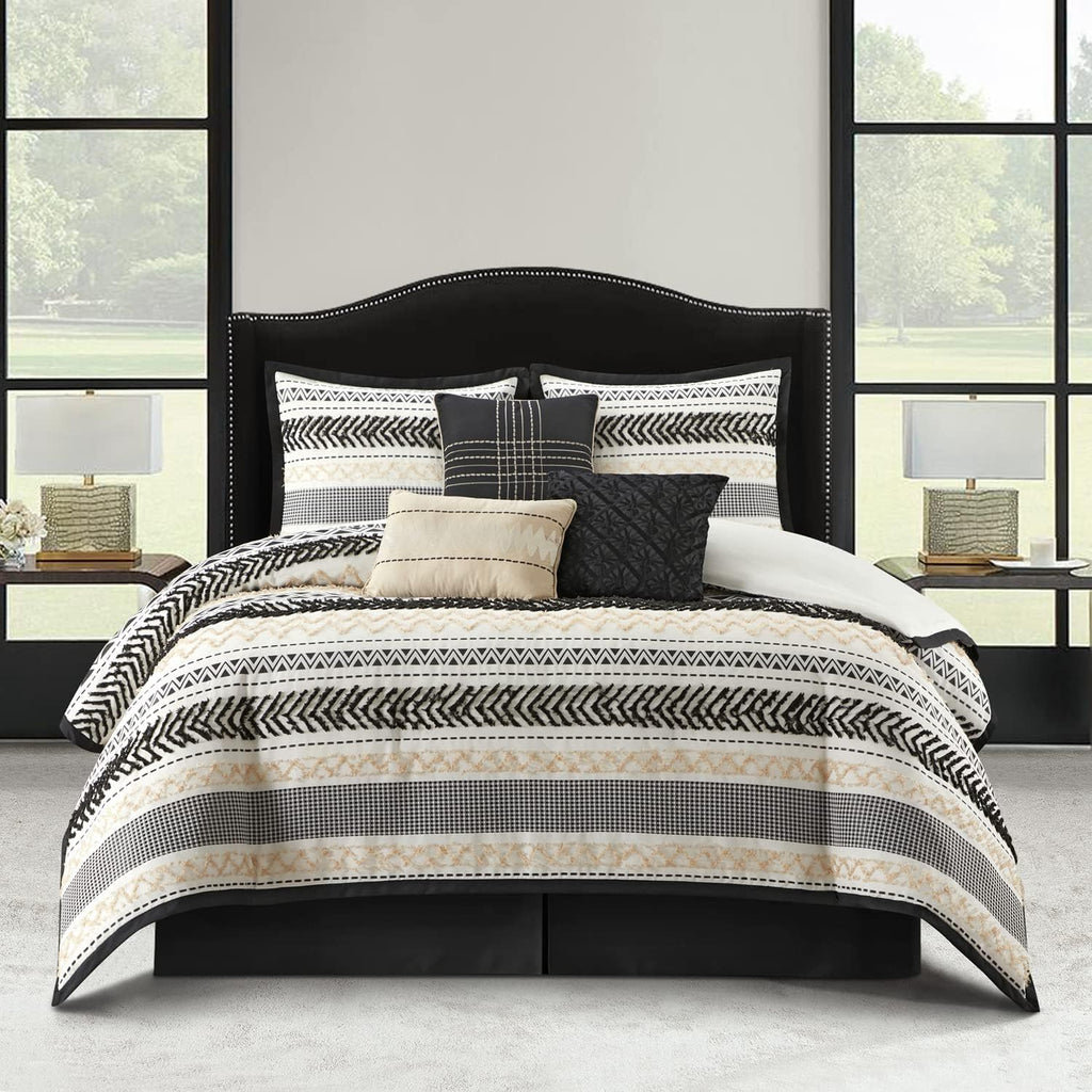 Grand Avenue Black Gold Comforter Set California King Size, 7 Piece Jaquard and Clip Soft Bedding Set, All Season, Matching Shams, Bedskirt, Decorative Pillows