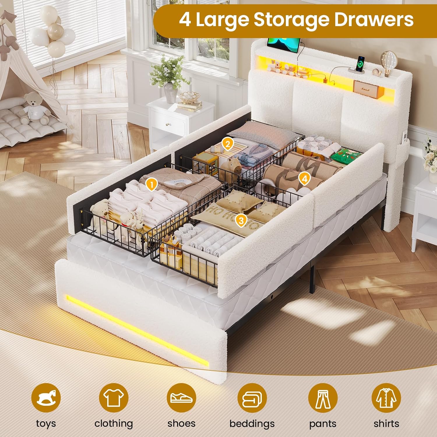VIAGDO Twin Bed Frames with Storage Headboard and Charging Station, Boucle Upholstered Bed Frame Twin Size with 4 Drawers and LED Lights, Type C and USB, No Box Spring Needed, Cream White